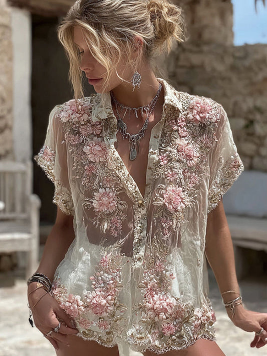 Pink Rose Embroidery Art Short-Sleeve Linen Blend Shirt