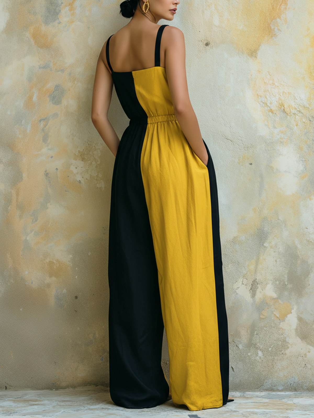 Black and Yellow Colorblock Sleeveless Wide-Leg Jumpsuit