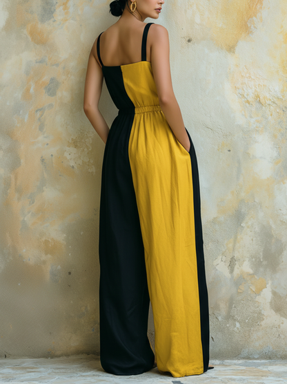 Black and Yellow Colorblock Sleeveless Wide-Leg Jumpsuit