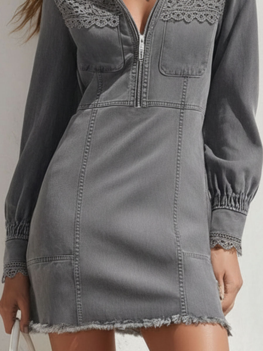 Stand-Up Collar Half-Zip Denim Patchwork Lace Mini Dress