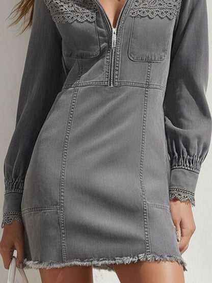 Stand-Up Collar Half-Zip Denim Patchwork Lace Mini Dress