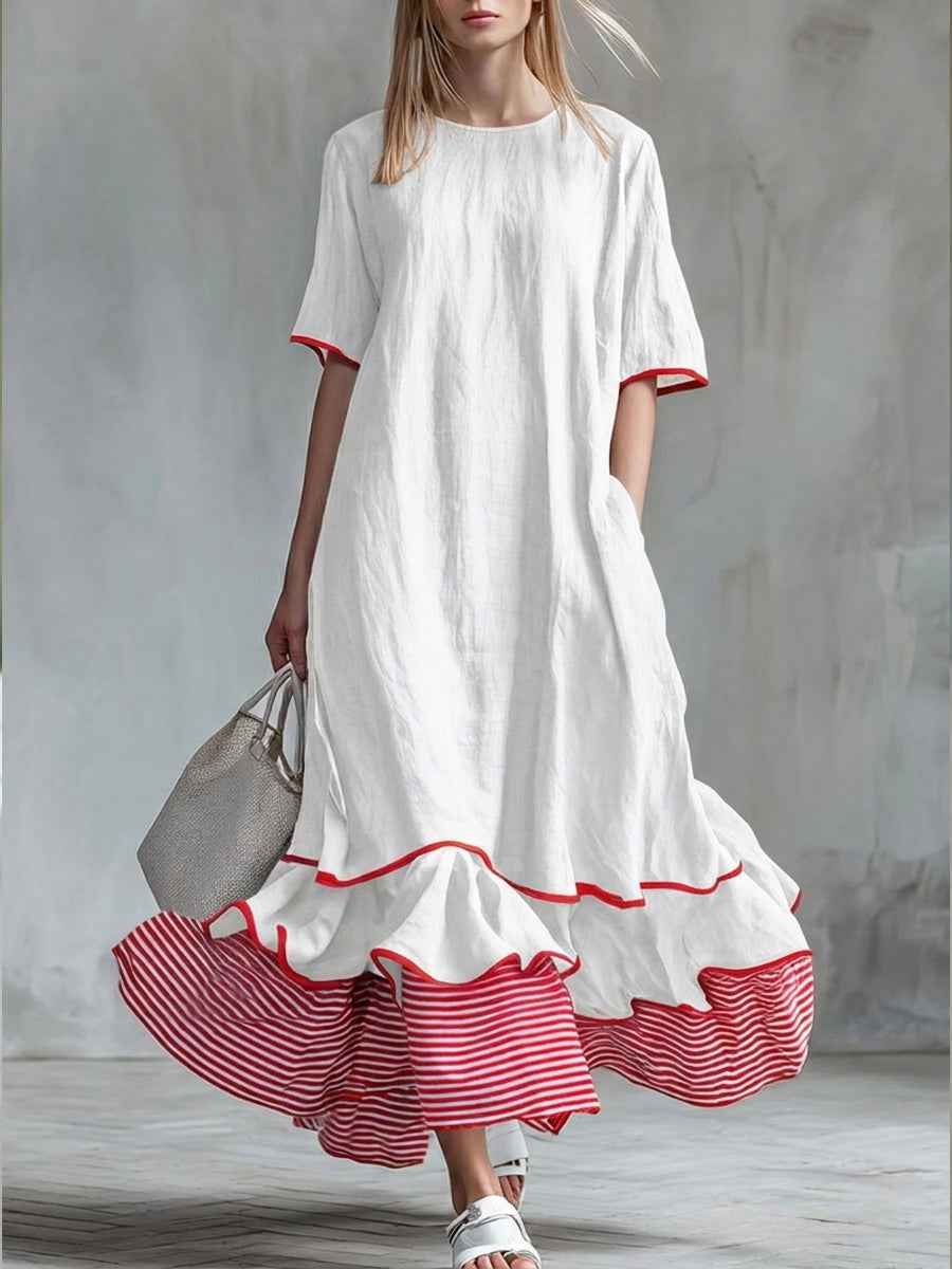 Patchwork Striped Midi Dress with Casual Red Summer Dress
