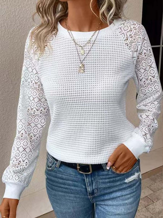 Lace Long-Sleeve Hollow-Out Crew Neck Casual T-Shirt