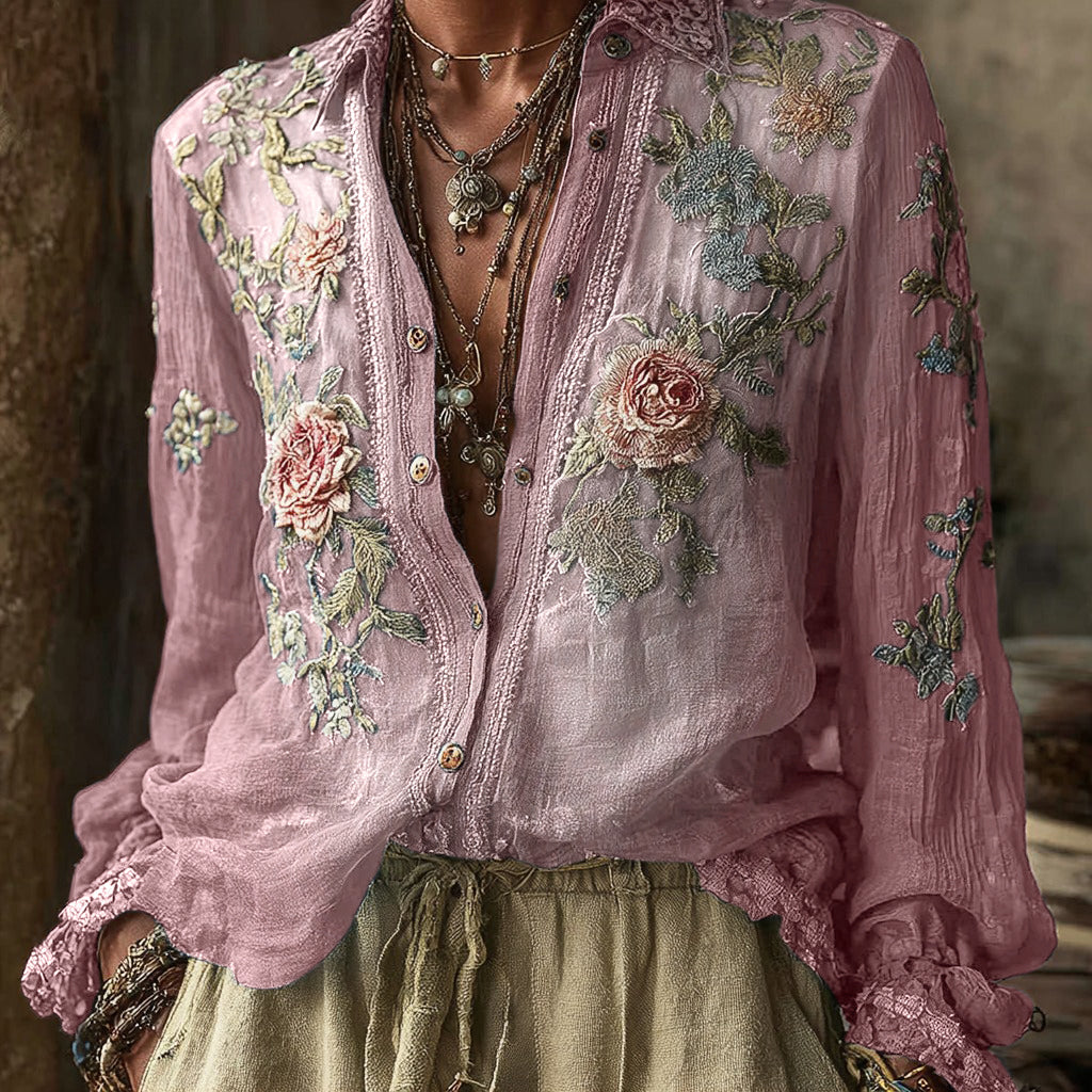 Vintage Bohemian Floral Pattern Linen Long-Sleeve Shirt
