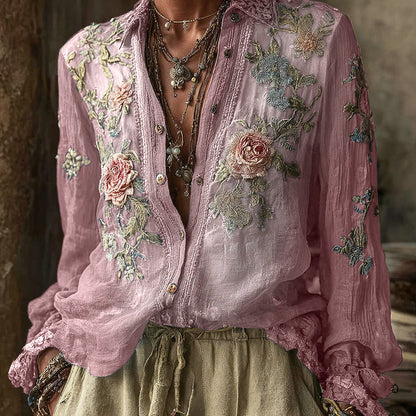 Vintage Bohemian Floral Pattern Linen Long-Sleeve Shirt