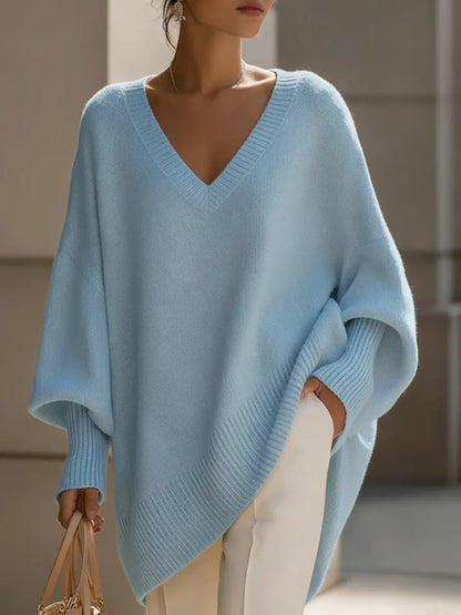 Solid Color V-Neck Long-Sleeved Casual Loose-Fitting Knitted Pullover Sweater