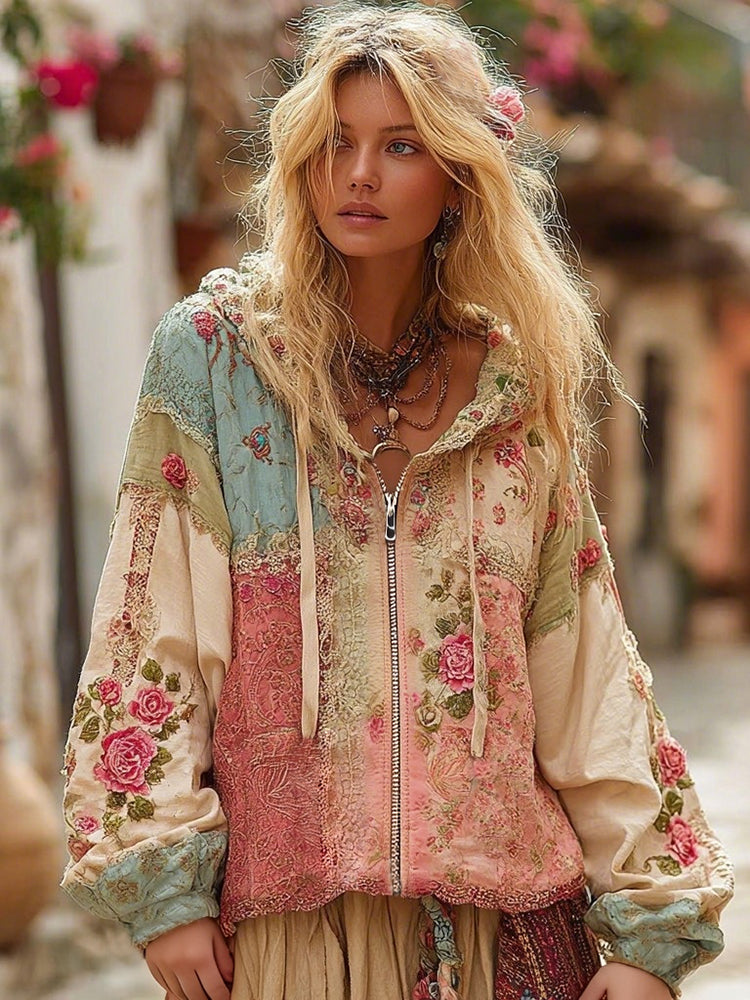 Floral Embroidery Colorblock Boho Casual Zip-Up Hoodie