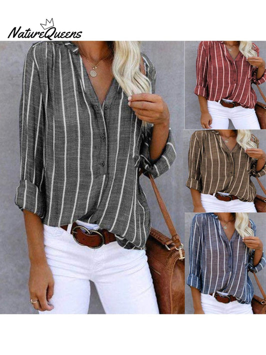 Long-Sleeve Blouse Fashion V-Neck Stripe Shirt