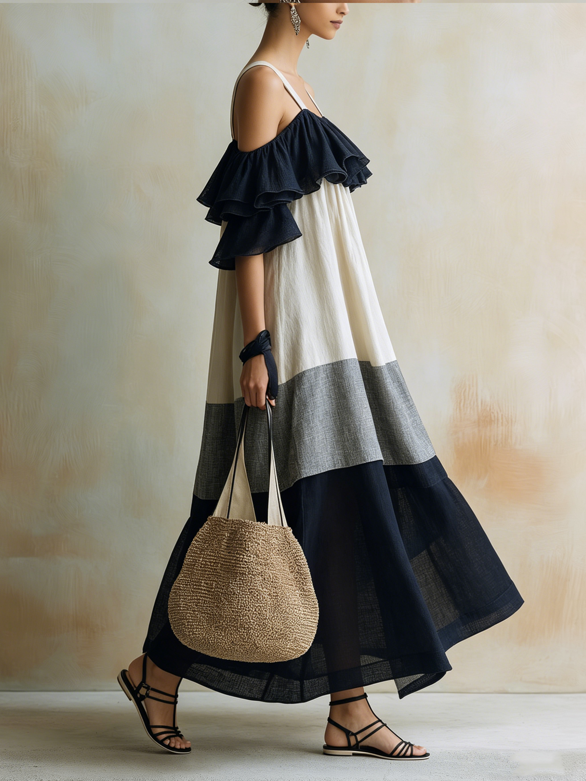 Cold Shoulder Ruffle Tiered Linen Maxi Dress | Colorblock Boho Summer Gown