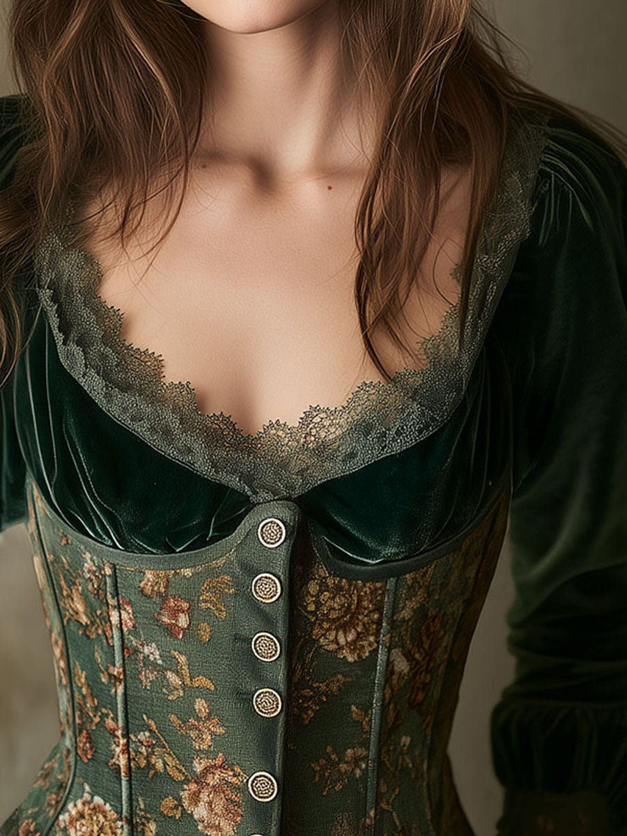 Emerald Green Velvet and Floral Lace-Trimmed Corset Blouse