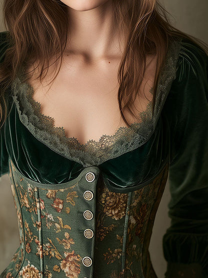 Emerald Green Velvet and Floral Lace-Trimmed Corset Blouse