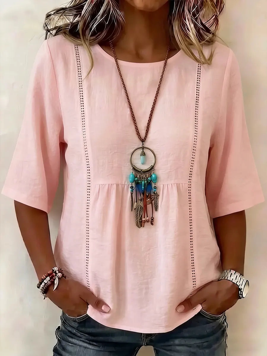 Bohemian-Style Mid-Sleeve Cotton and Linen Top