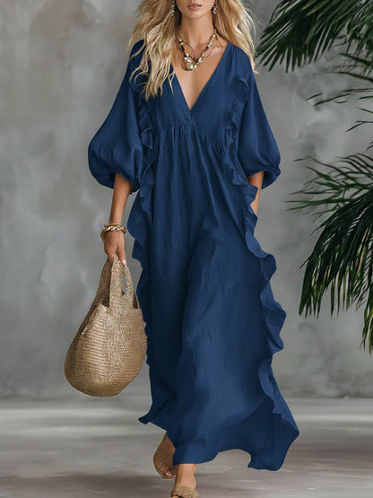 Solid Color V-Neck 3/4-Sleeve Casual Loose Cotton and Linen Dress