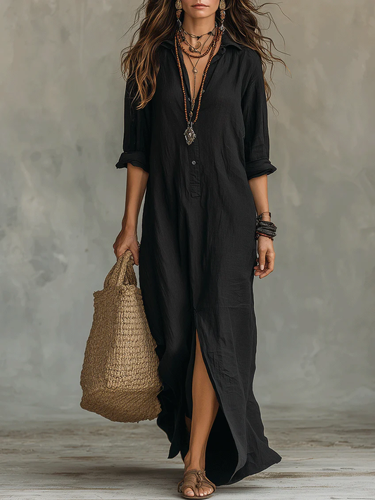 Casual Solid-Color Linen-Cotton Dress