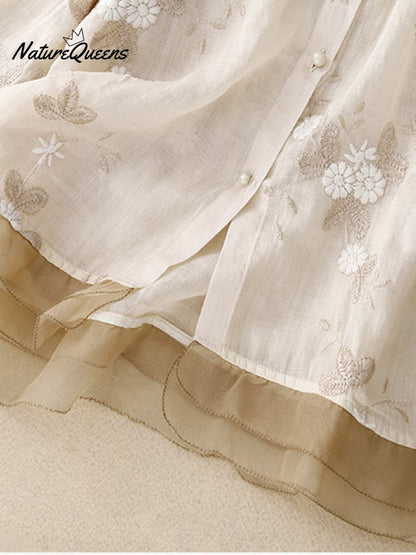 Art Retro Embroidery 3/4-Sleeve Patchwork Shirt