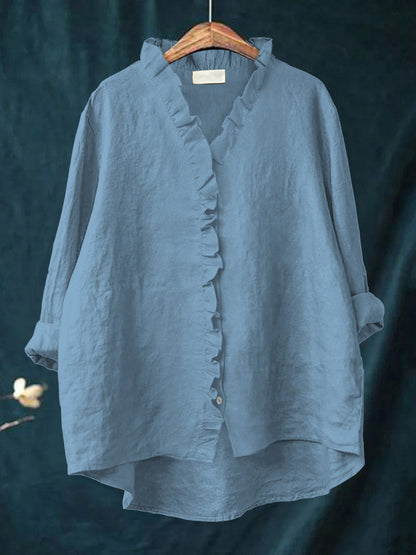 Casual Cotton and Linen Ruffle Shirt