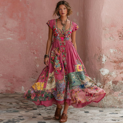 Bohemian Floral Embroidery Art Round Neck Short-Sleeve Midi Dress