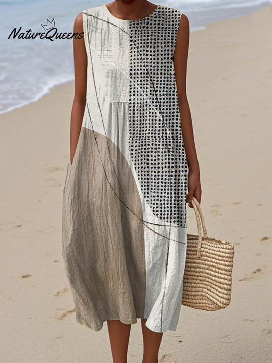 Abstract Geometric Pattern Art Print Sleeveless Cotton Pocket Wrap Dress