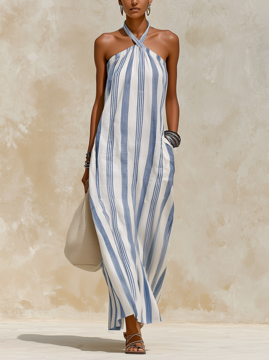 Nautical Striped Halter Maxi Dress with Breathable Linen-Blend Resort Wear