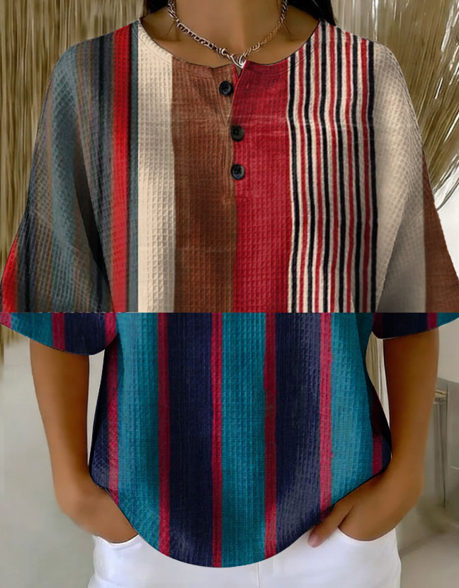 Retro Multicolor Gradient Patchwork Abstraction Patterns Art Print Casual Waffle Cotton Shirt