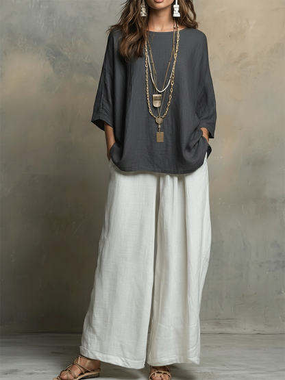 Cozy Cotton-Linen Irregular Top and Wide-Leg Pants Two-Piece Set
