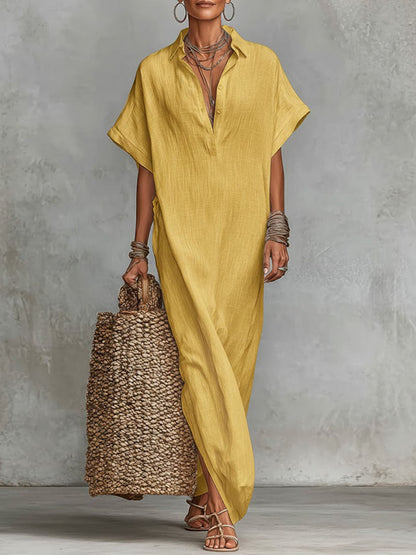 Solid Color Collared Short-Sleeved Casual Loose Linen Dress
