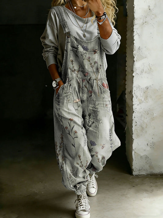 Wild Flower Print Casual One Piece Denim Jumpsuit
