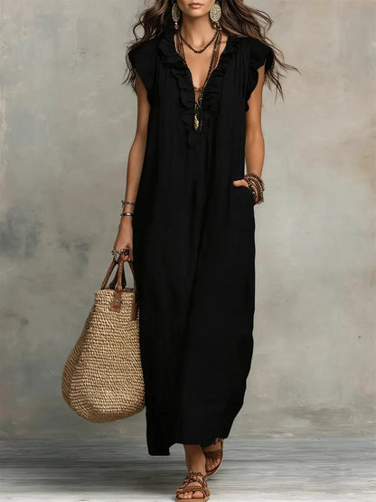 Solid Color Ruffled Art Casual Fashion Cozy Cotton Linen Dress