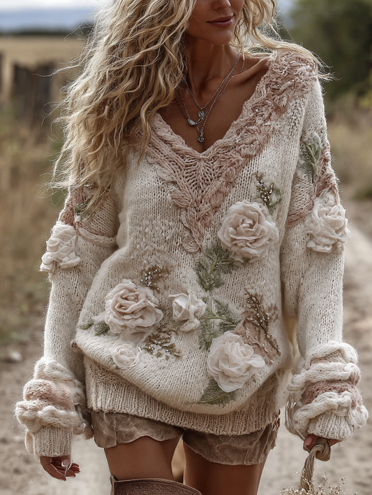 Vintage Romantic White Rose Embroidery Art Long-Sleeve V-Neck Sweater