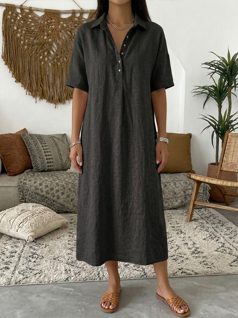 Cotton Linen Polo Dress with Casual Short-Sleeve Summer Dress