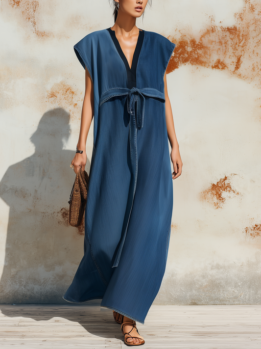 Lightweight Denim V-Neck Maxi Dress with Front Tie Detail