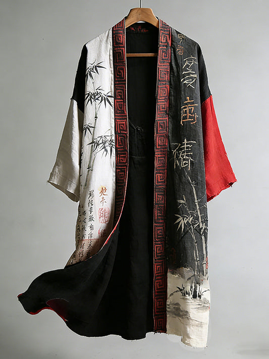 Vintage Japanese Art Ink Bamboo Print Distressed Colorblock Kimono