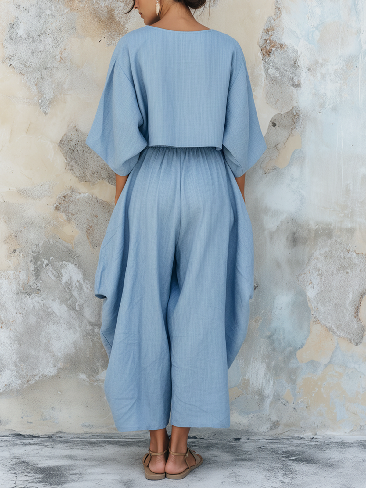 Light Blue Cotton Linen Two Piece Set with Loose Crop Top and Wide-Leg Pants