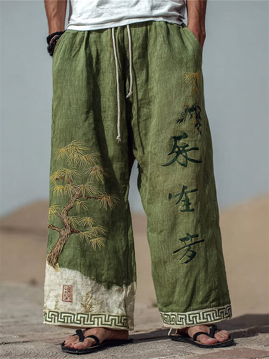 Men's Japanese Pine Tree Calligraphy Bleached Linen Pants