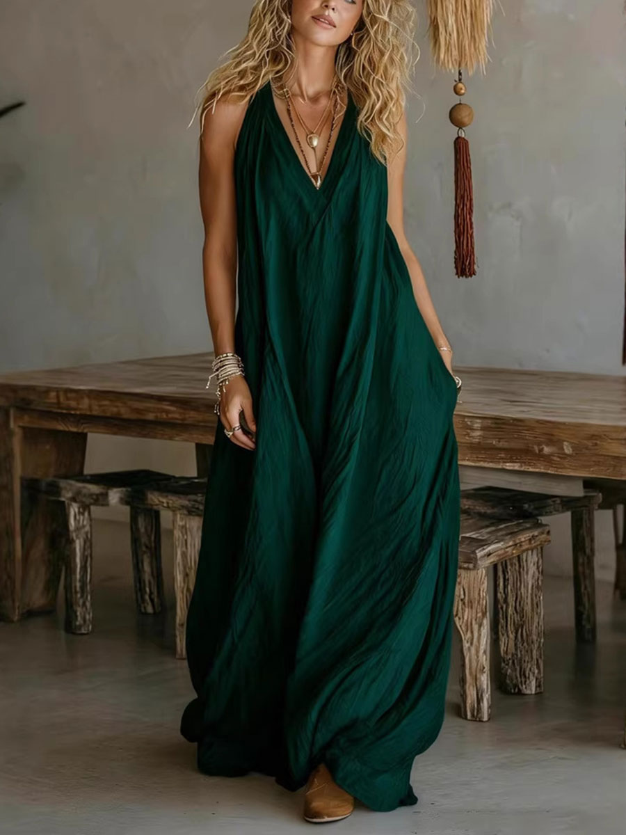 Casual Sleeveless Loose Pocket Vest Long Dress