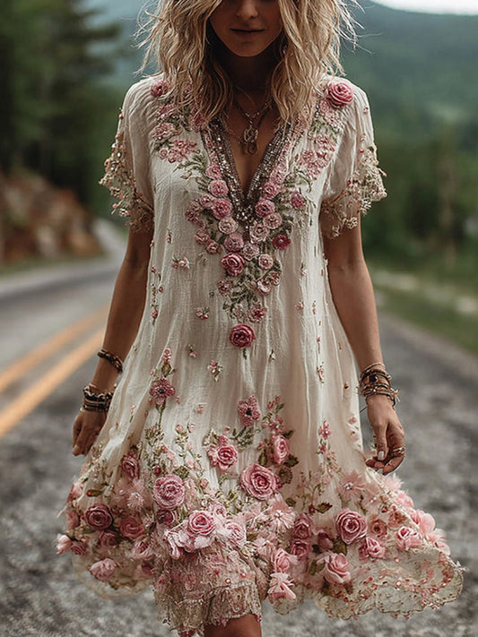 Vintage Floral Embroidery Short-Sleeved Dress