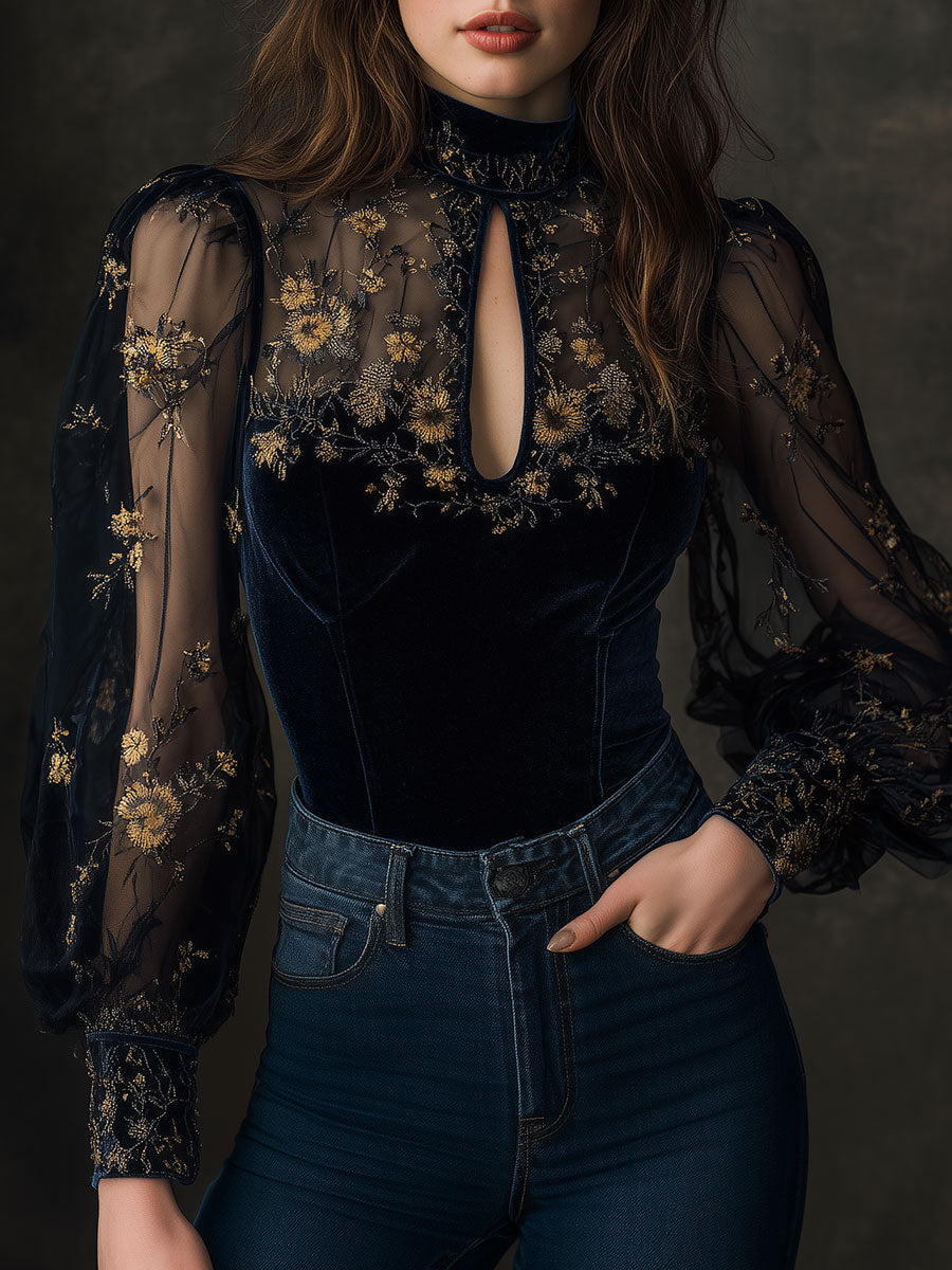 Retro Velvet Embroidered Mesh Stitching Blouse