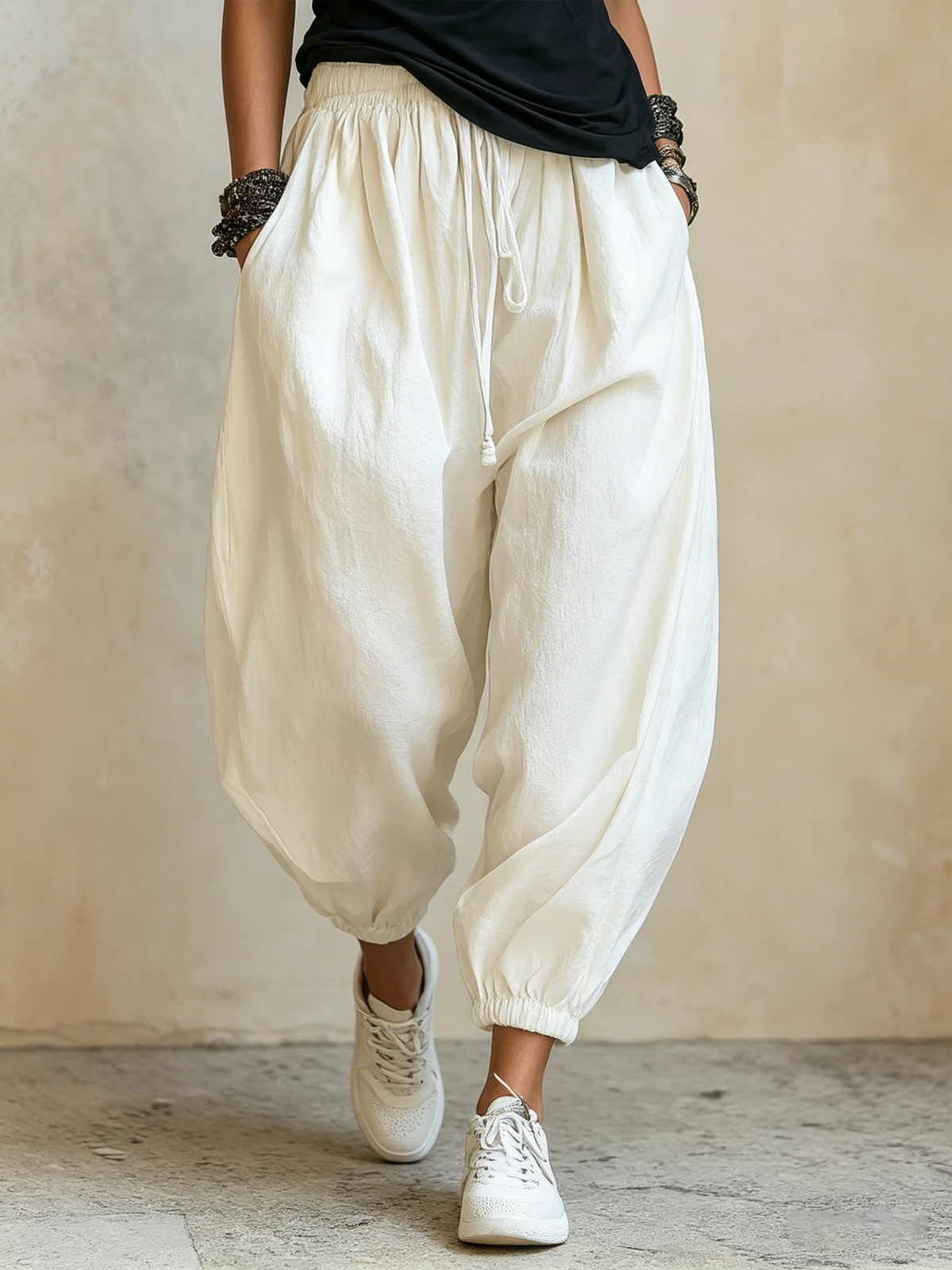 Asymmetrical Ruched One-Shoulder Top and Harem Pants Two-Piece Set