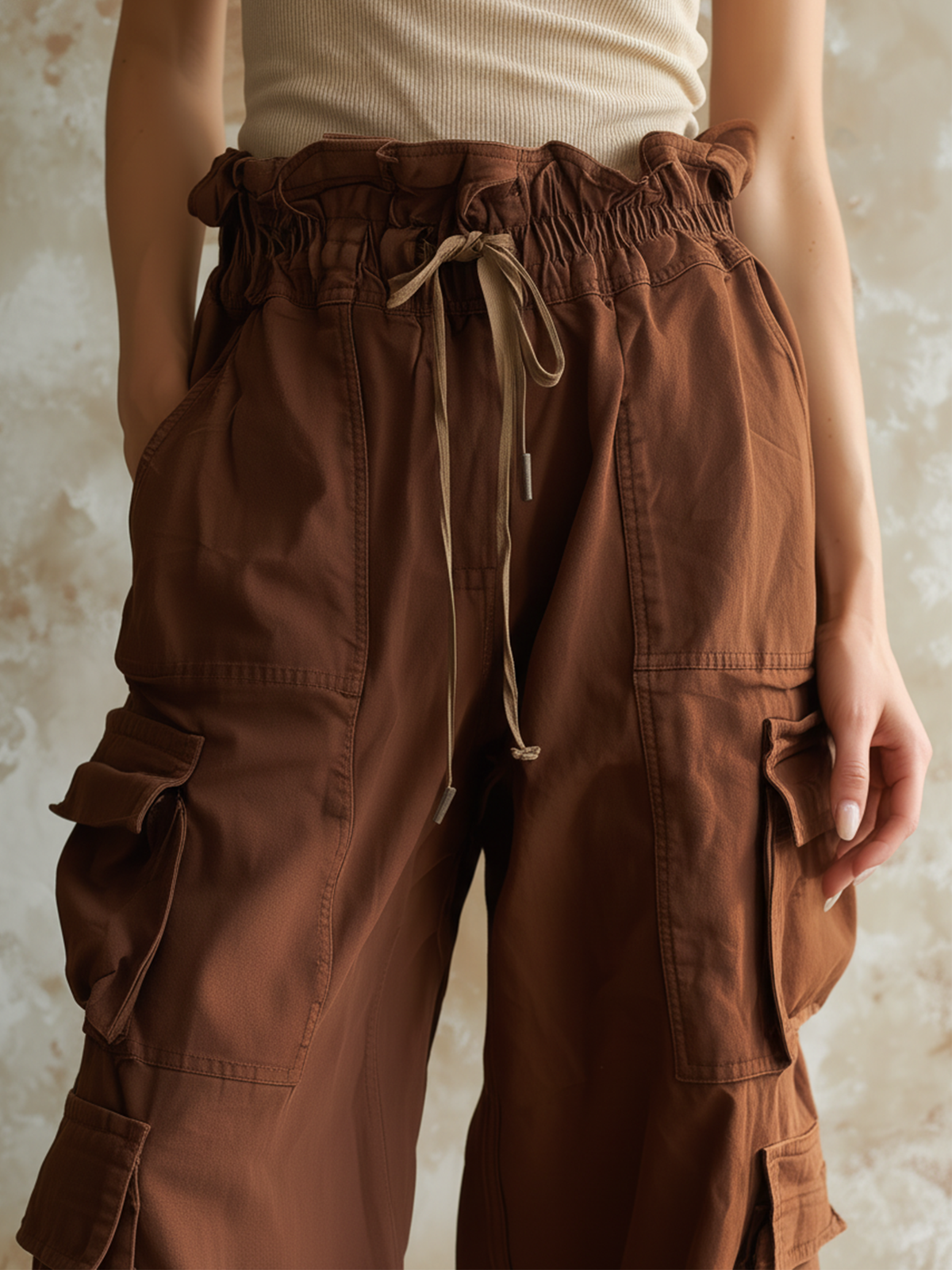 Brown High Waist Wide-Leg Cargo Pants