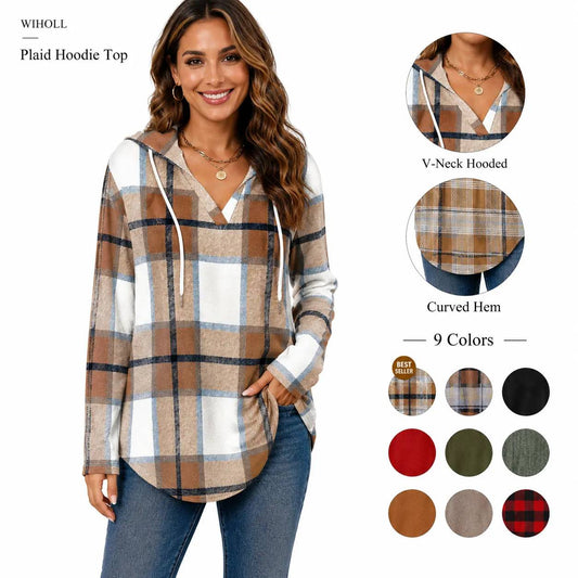 WIHOLL Women's Soft V-Neck Hooded Tunic Top - Lightweight Long Sleeve Pullover