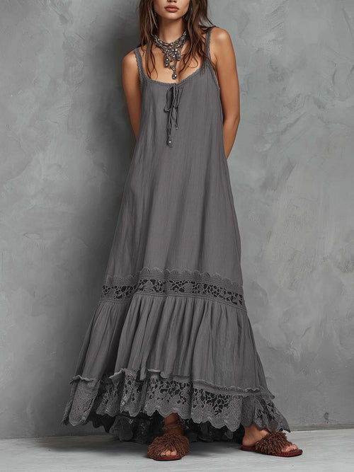 Vintage Lace-Trimmed Cotton and Linen Maxi Dress