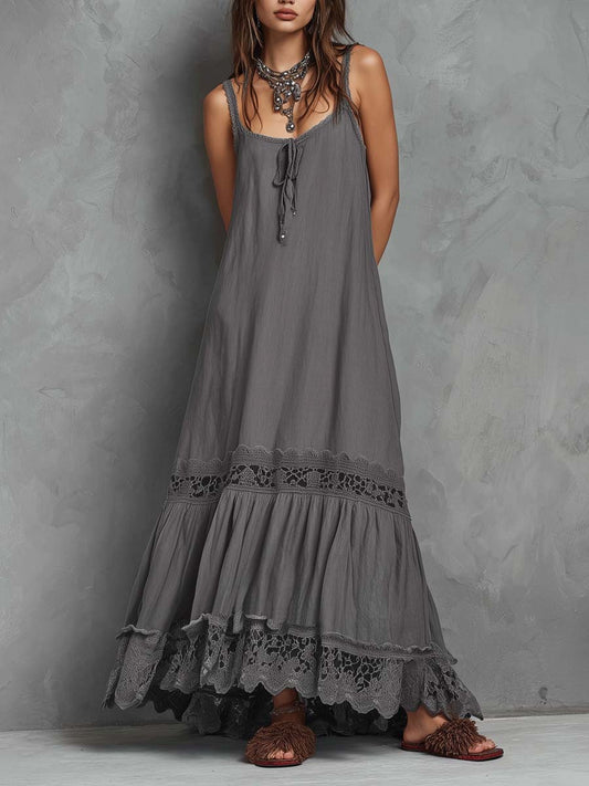 Vintage Lace-Trimmed Cotton and Linen Maxi Dress
