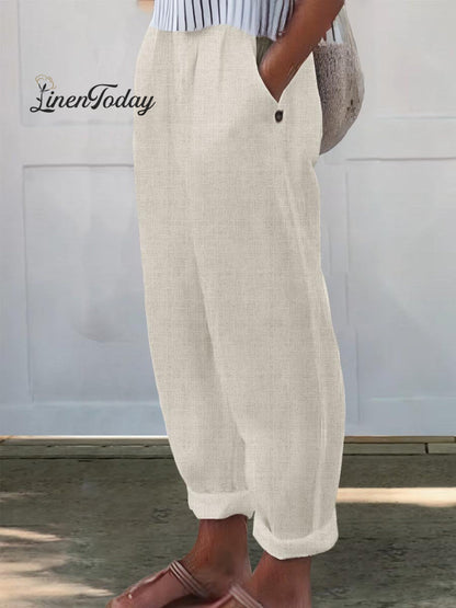 Printed Cotton and Linen Casual Pants