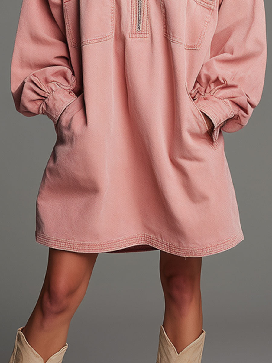Casual Retro Pink Denim Half-Zip Long-Sleeved Mini Dress