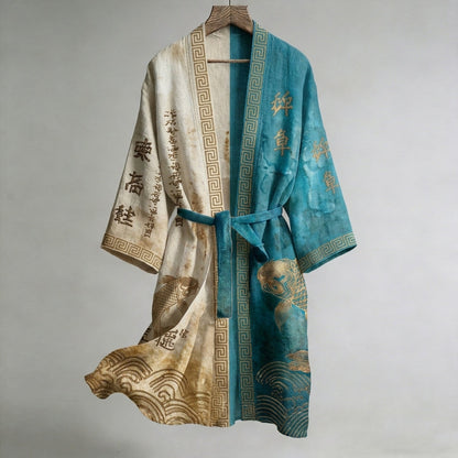 Japanese Calligraphy and Fish Art Combined with Linen Blend Kimono