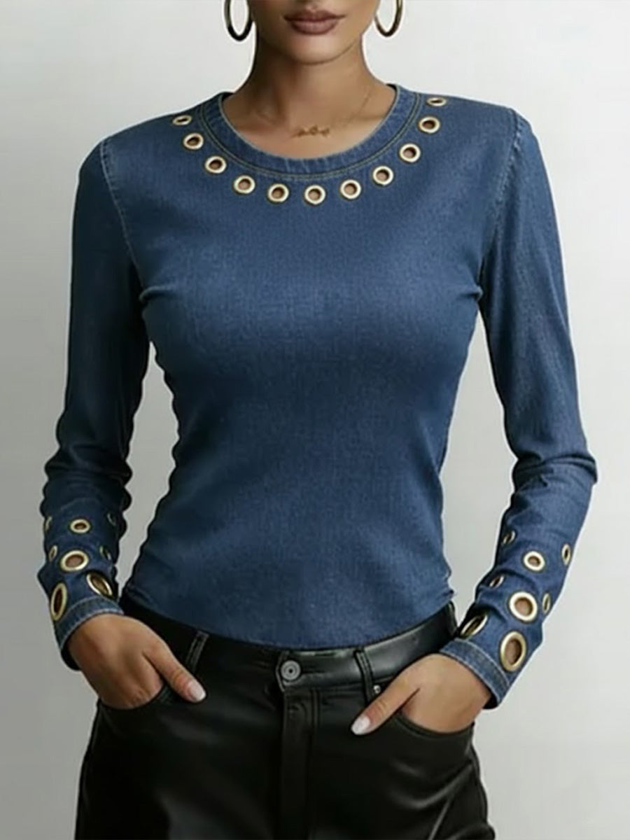Round Neck Long-Sleeve Faux Denim Stretch Casual Loose Denim Top