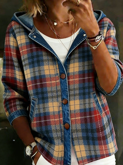 Casual Long-Sleeve Denim Patchwork Plaid Hoodie Jaket