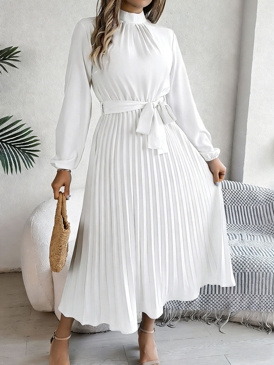 Stand-Up Collar Long-Sleeved Lace Up Pleated Dress