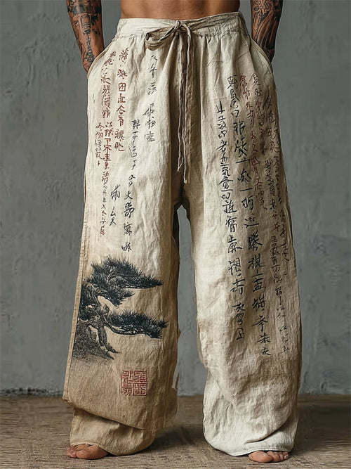 Men's Pine Tree Calligraphy Art Gradient Linen Wide-Leg Pants