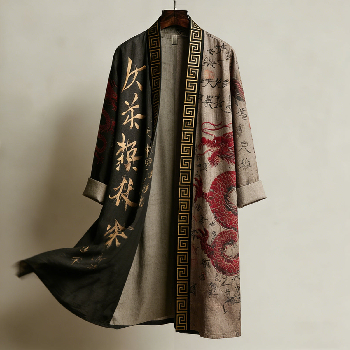 Retro Calligraphy and Dragon Pattern Linen Long Kimono